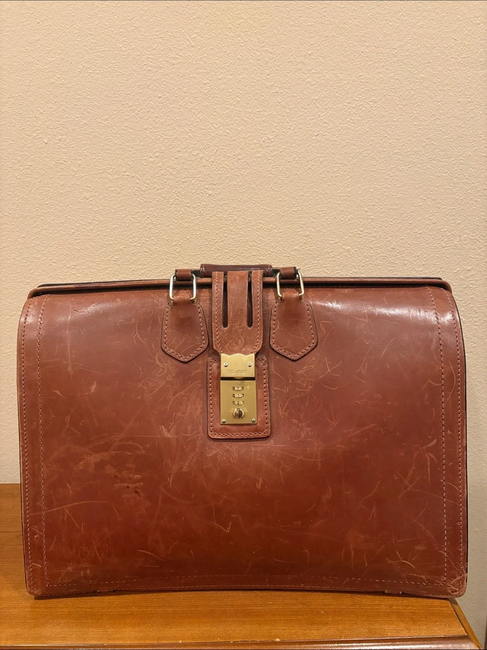 Vintage Schlesinger Men's Belting Leather Briefcase Bag in Cognac